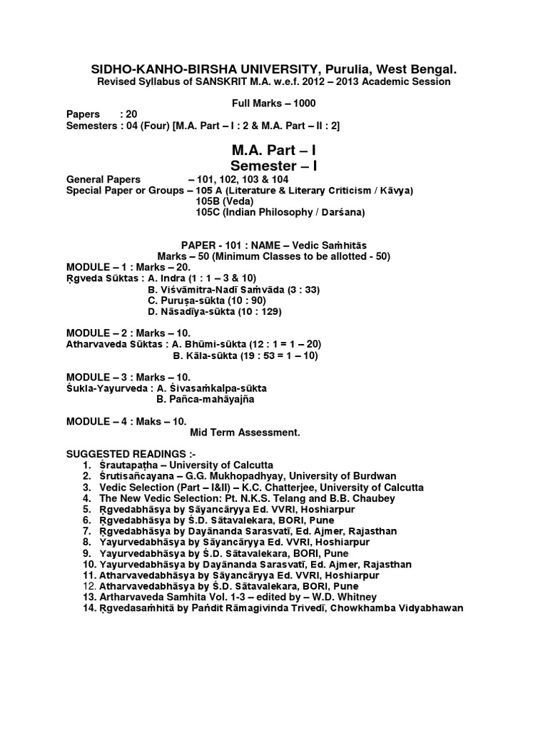 Skbu Old Syllabus PDF Vedas Sanskrit