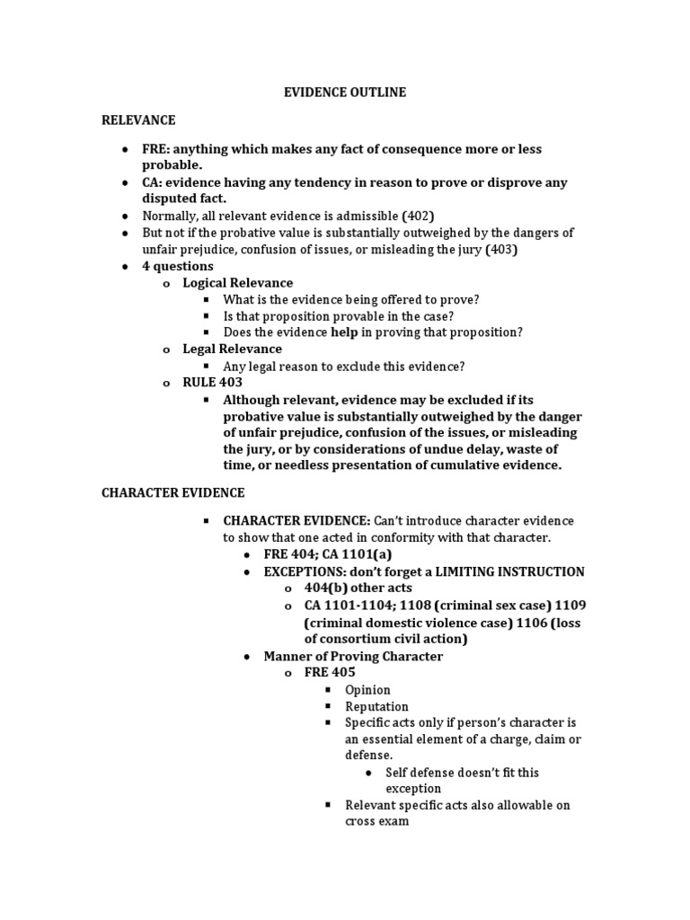 Evidence Outline | PDF | Burden Of Proof (Law) | Testimony