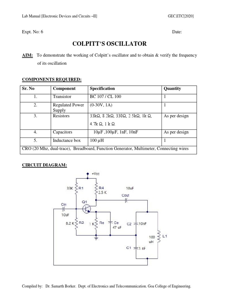 Colpitt's Oscillator Lab Manual | PDF | Electronic Oscillator | Capacitor
