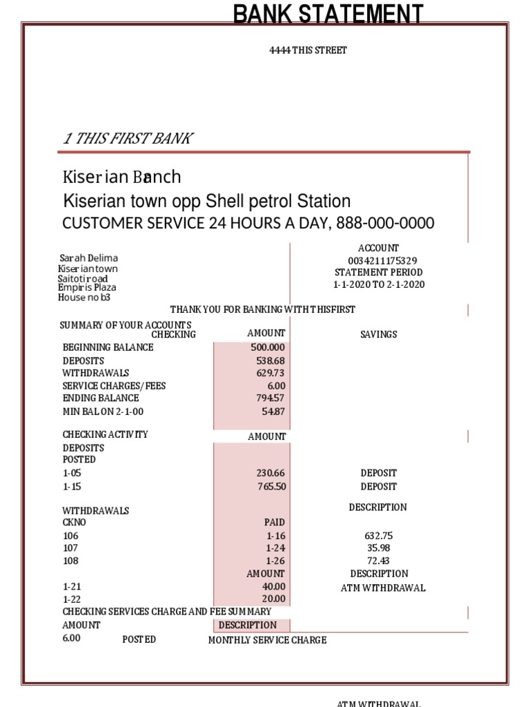 Sample Bank Statement for Balancing | PDF | Cheque | Fee