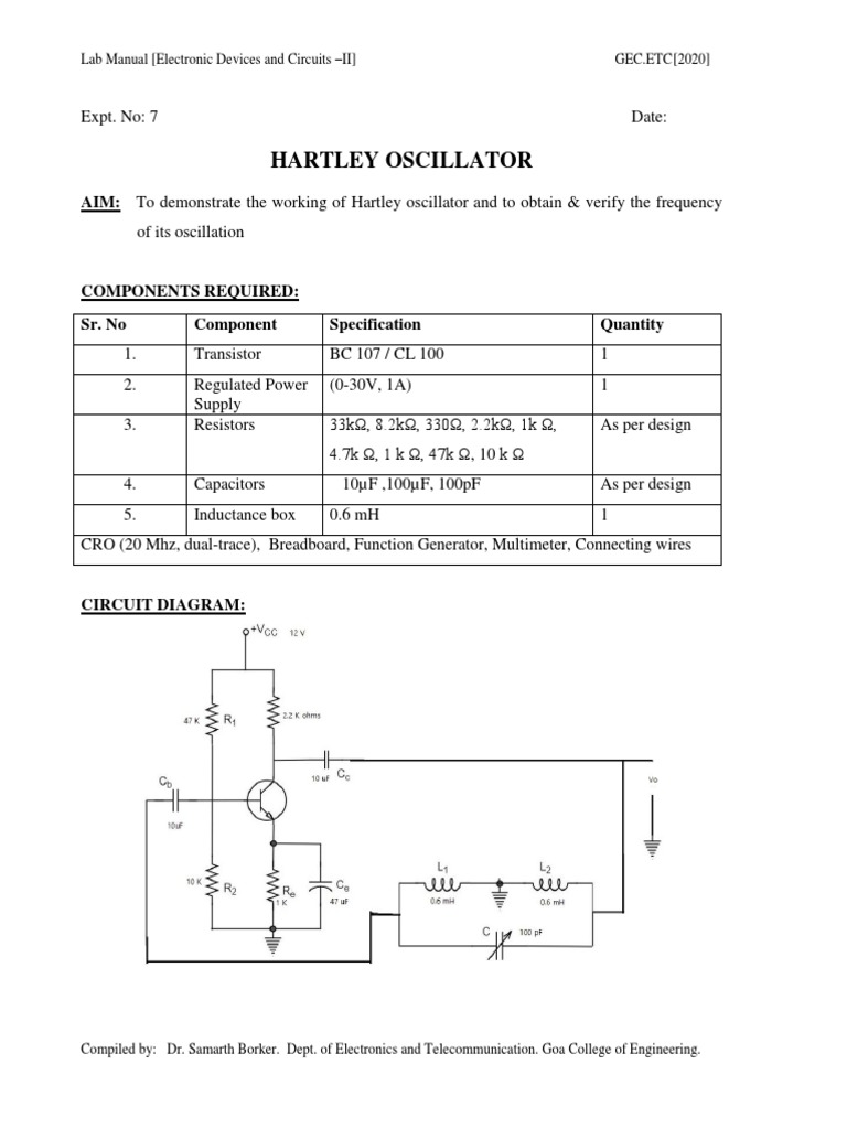 Expt 7 Hartley Oscillator (2020) PDF Electronic Oscillator