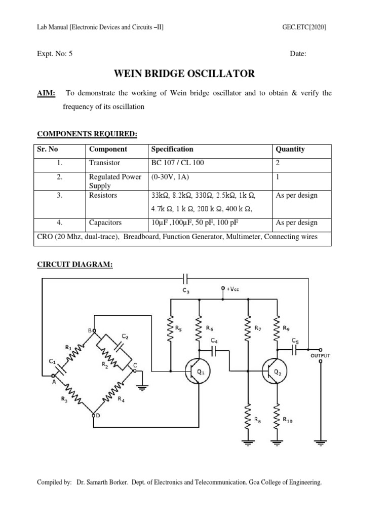 Expt 5 - Wein Bridge Oscillator (2020) | PDF | Amplifier | Electronic ...