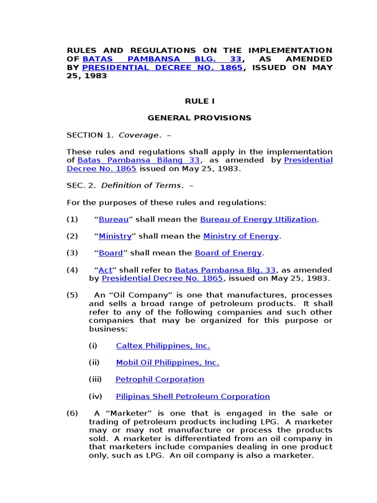 Implementing BP 33 Amended by PD 1865 | PDF | Gasoline | Energy And ...