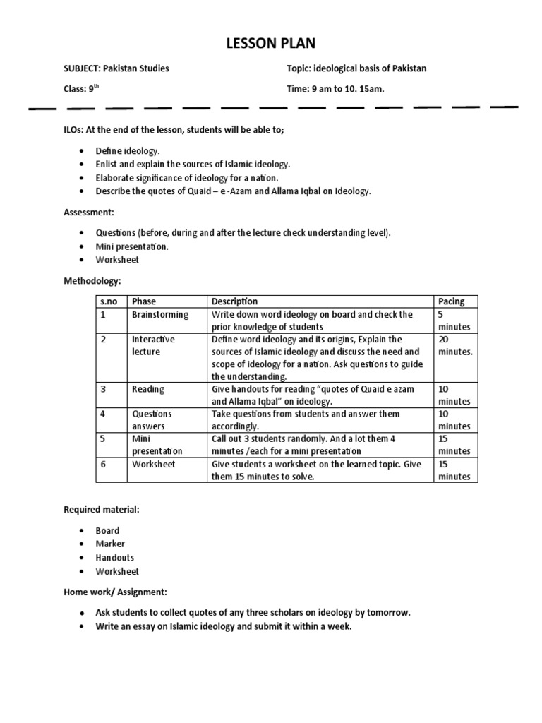 Ideological Basis of Pakistan: Lesson Plan | PDF | Career & Growth