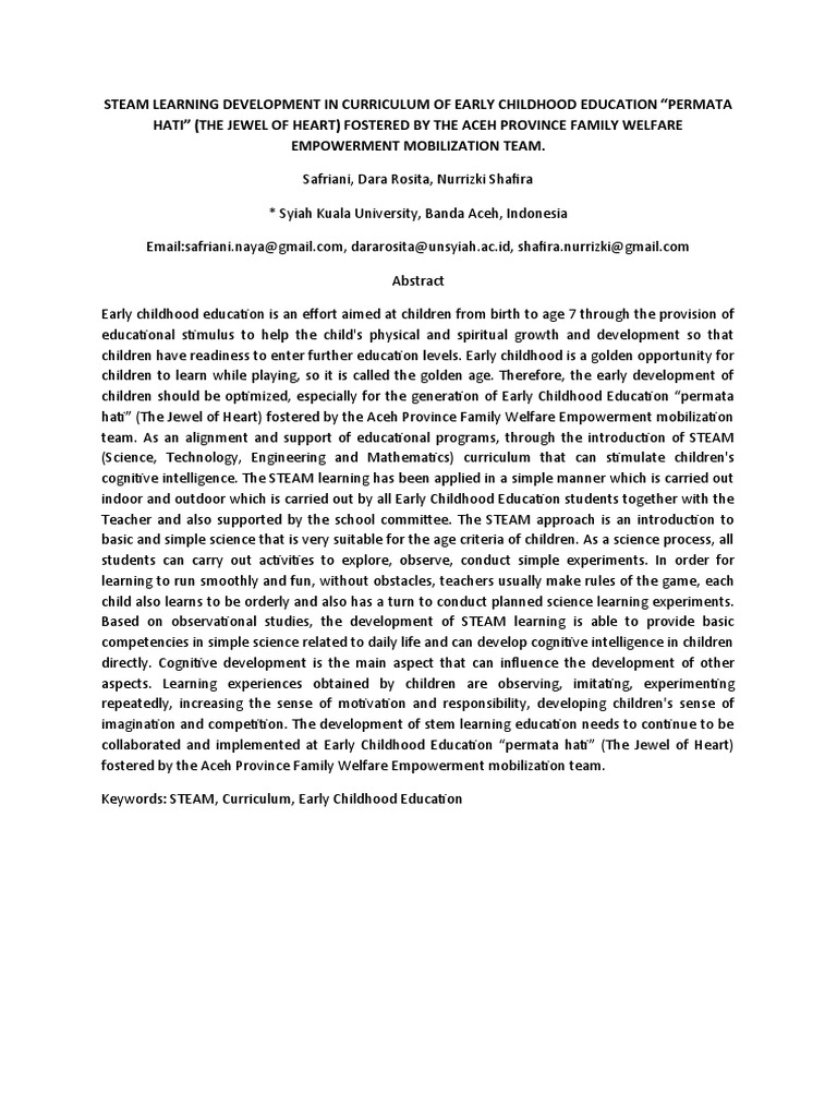 Steam Learning Development in Curriculum of Early Childhood Education ...