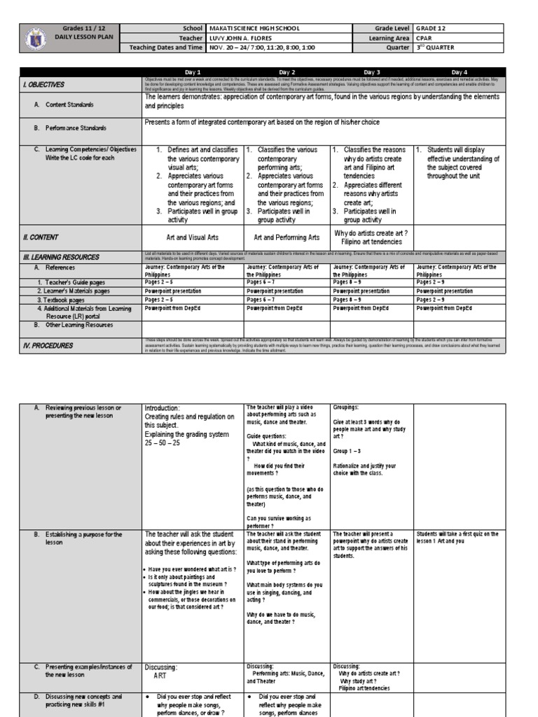 Lesson Plan Contemporary Arts From The Philippines | PDF | Curriculum ...