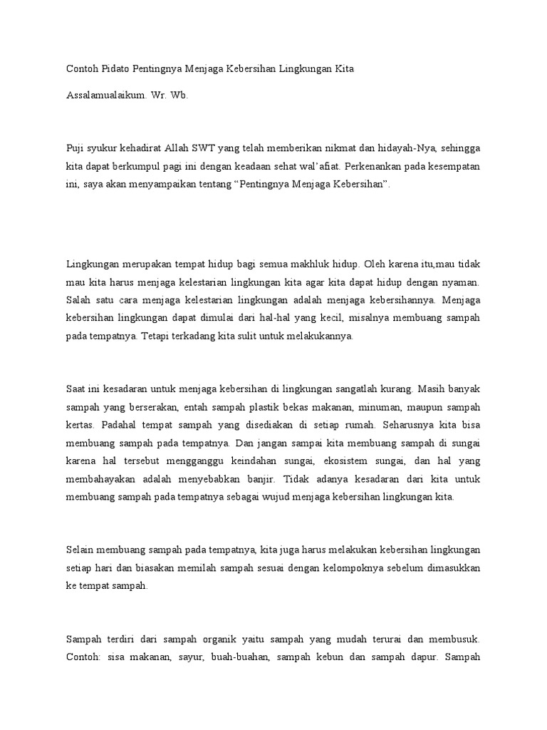 Contoh Pidato Pentingnya Menjaga Kebersihan Lingkungan Kita PDF