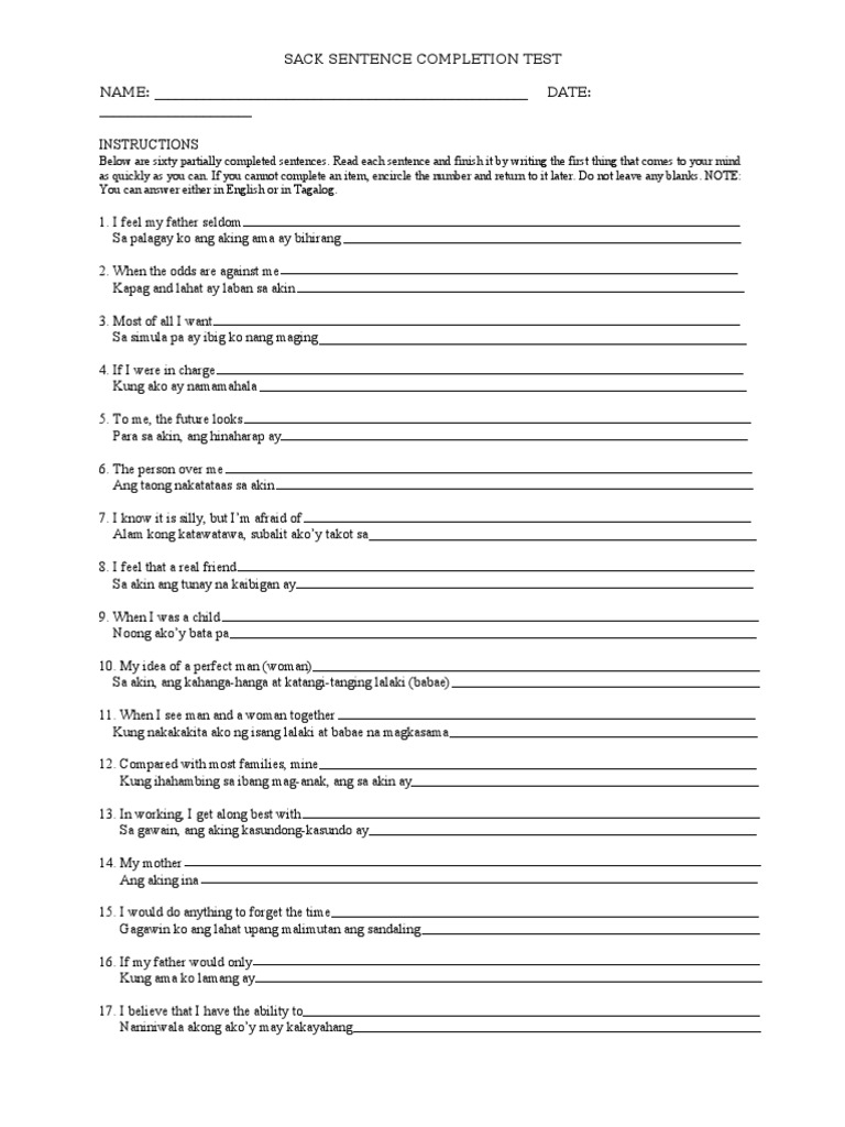 Sack Sentence Completion Test | PDF