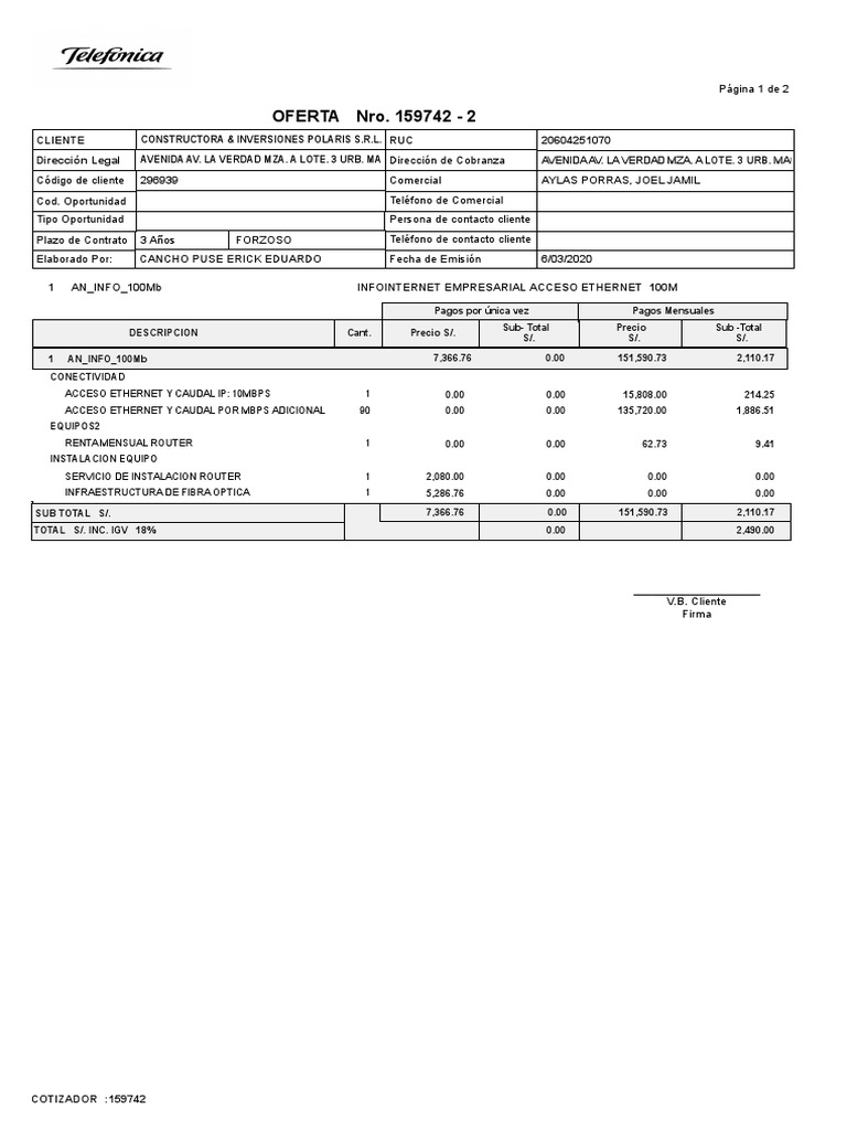 Cotización de Servicio Telefónica 100MB | PDF | Redes de computadoras ...