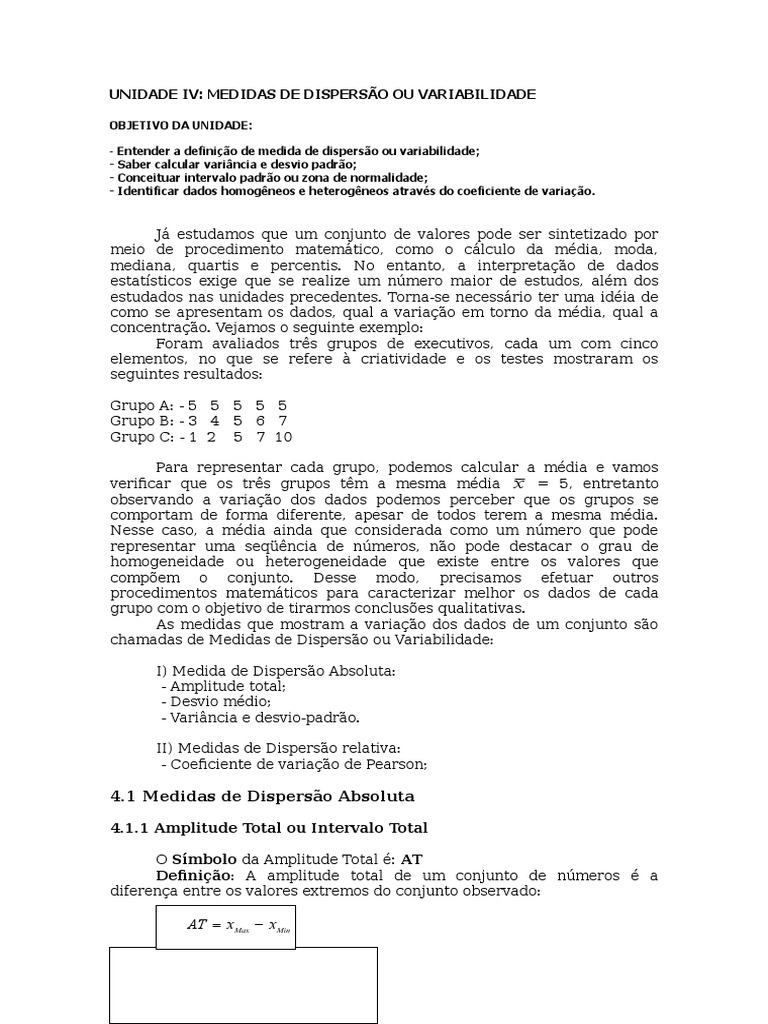 Medidas de Dispersão e Variabilidade | PDF | Dispersão estatística ...