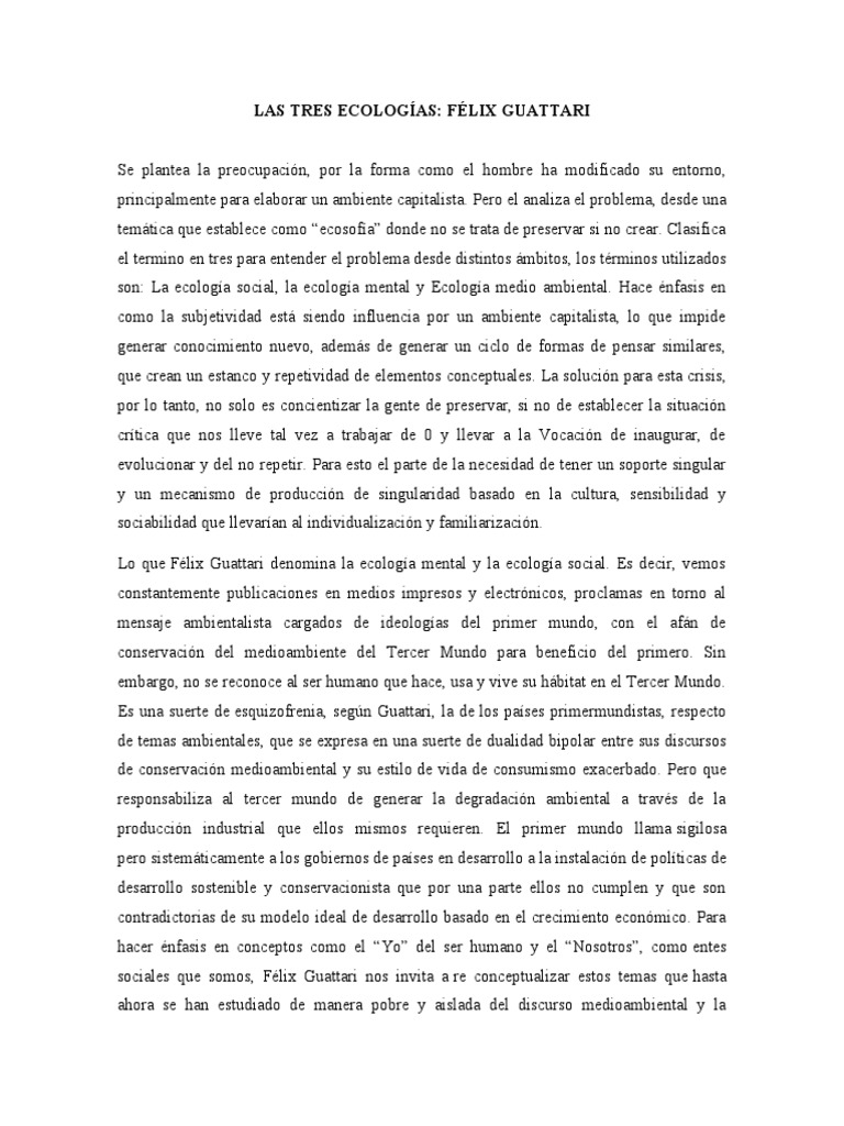 Las tres ecologías de Félix Guattari PDF Ambientalismo Entorno