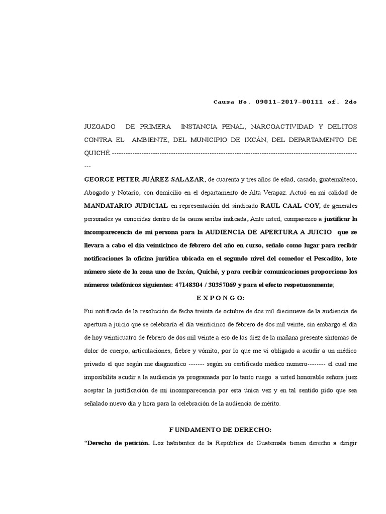 Excusa Inasistencia A Audiencia Penal | PDF | Guatemala | Derecho penal