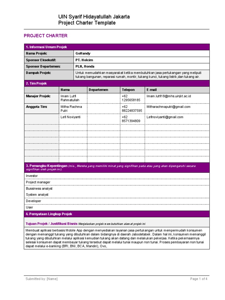 Dokumen Project Charter GoHandy | PDF | Bisnis