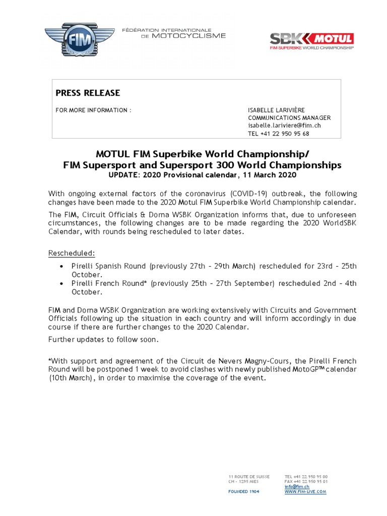Calendrier Superbike PDF Motorsport Motorcycle Racing