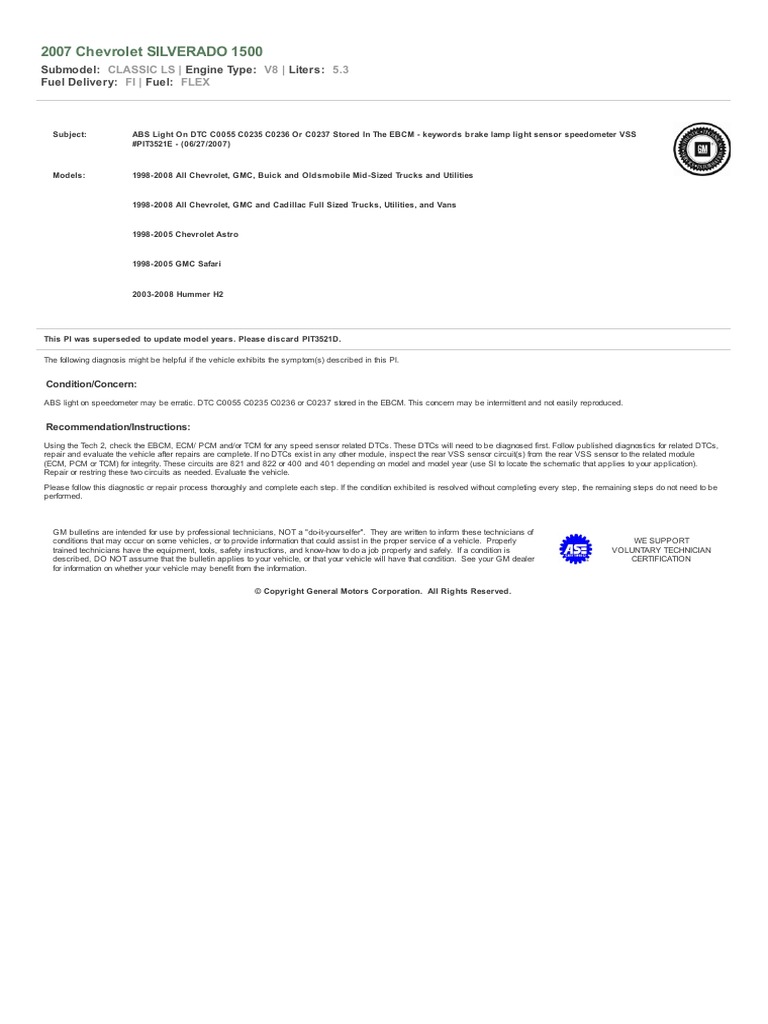 Abs Light On DTC c0055 c0235 c0236 or c0237 Stored in The Ebcm PDF