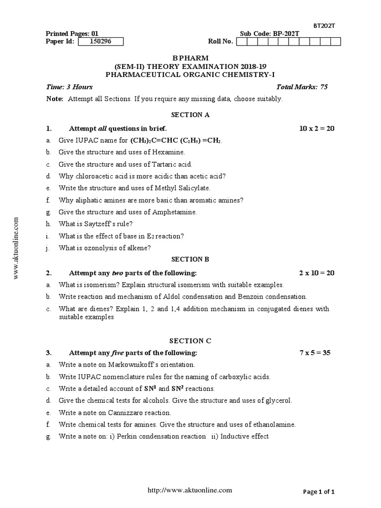 B Pharm 2nd Sem Organic Chemistry Exam | PDF | Chemical Compounds ...