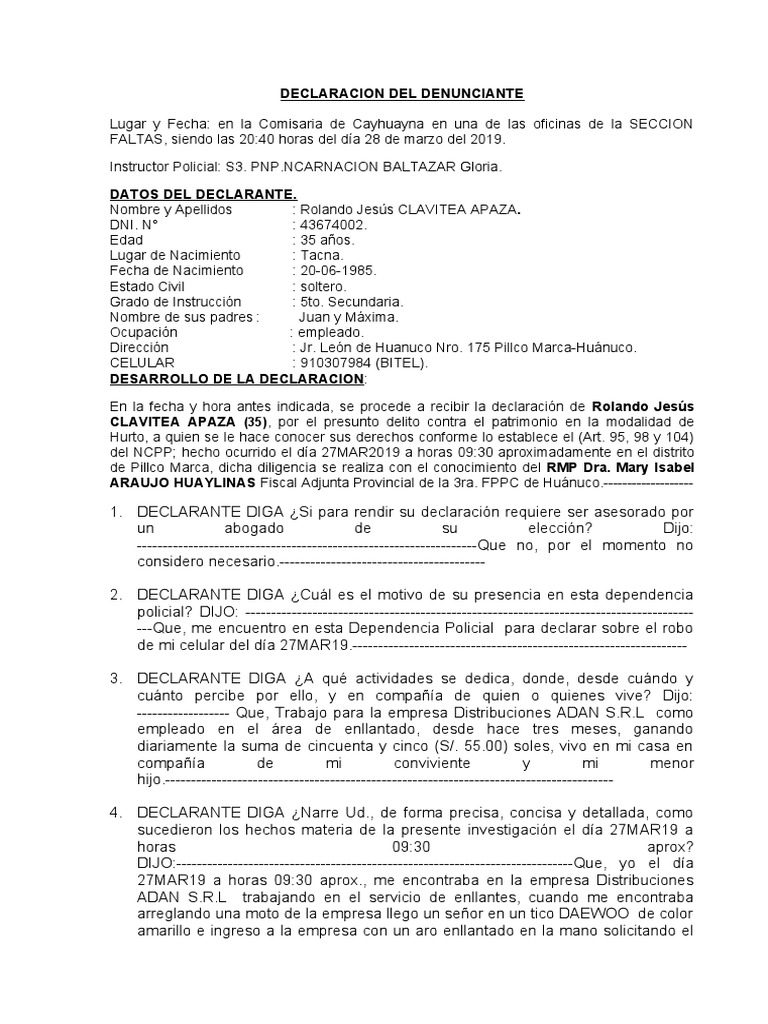 Declaracion de La Denunciante Maybbe | PDF