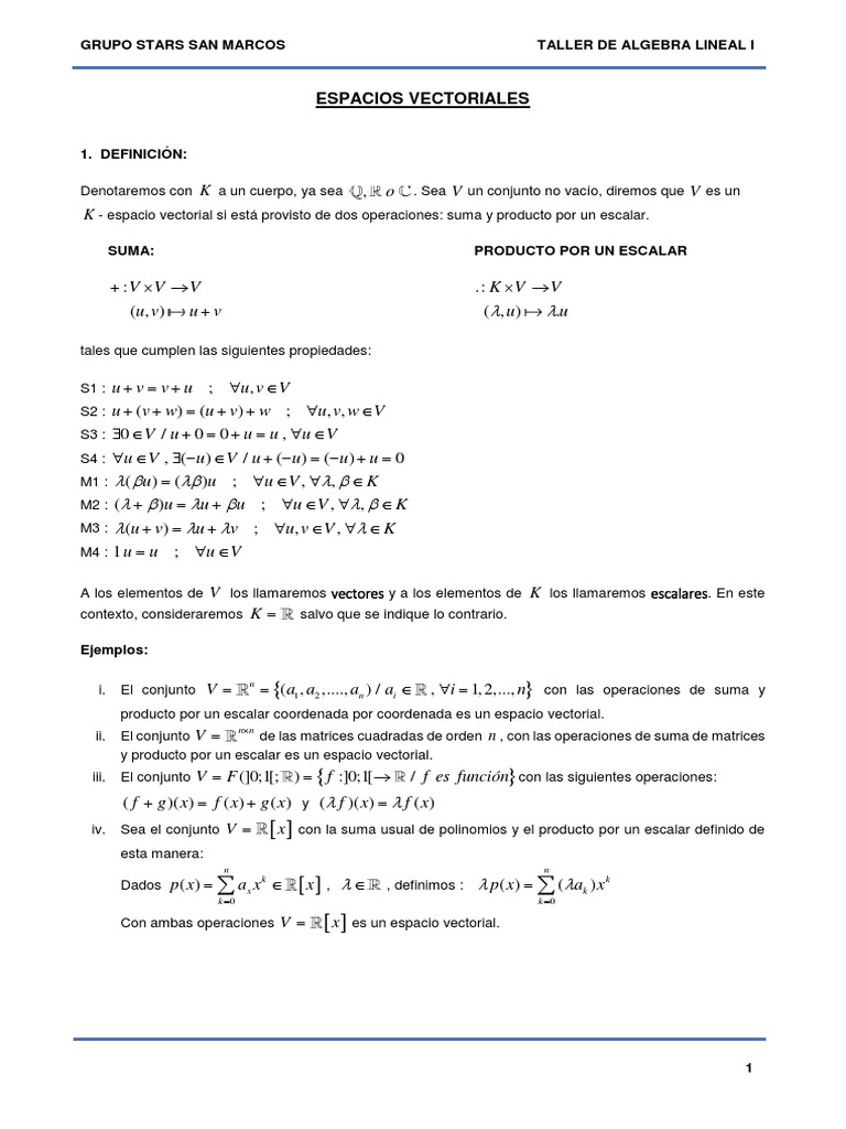 Taller Algebra Lineal I Espacios Vectoriales Pdf Escalar