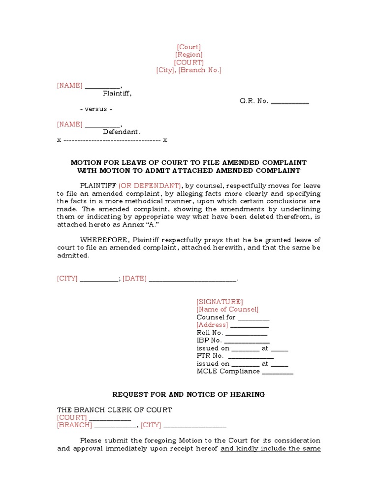 Motion for leave to file amended complaint motion to amend sample pdf
