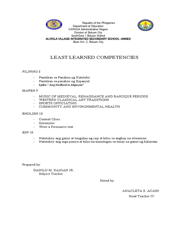 Filipino 8 & MAPEH 9 Learning Competencies | PDF