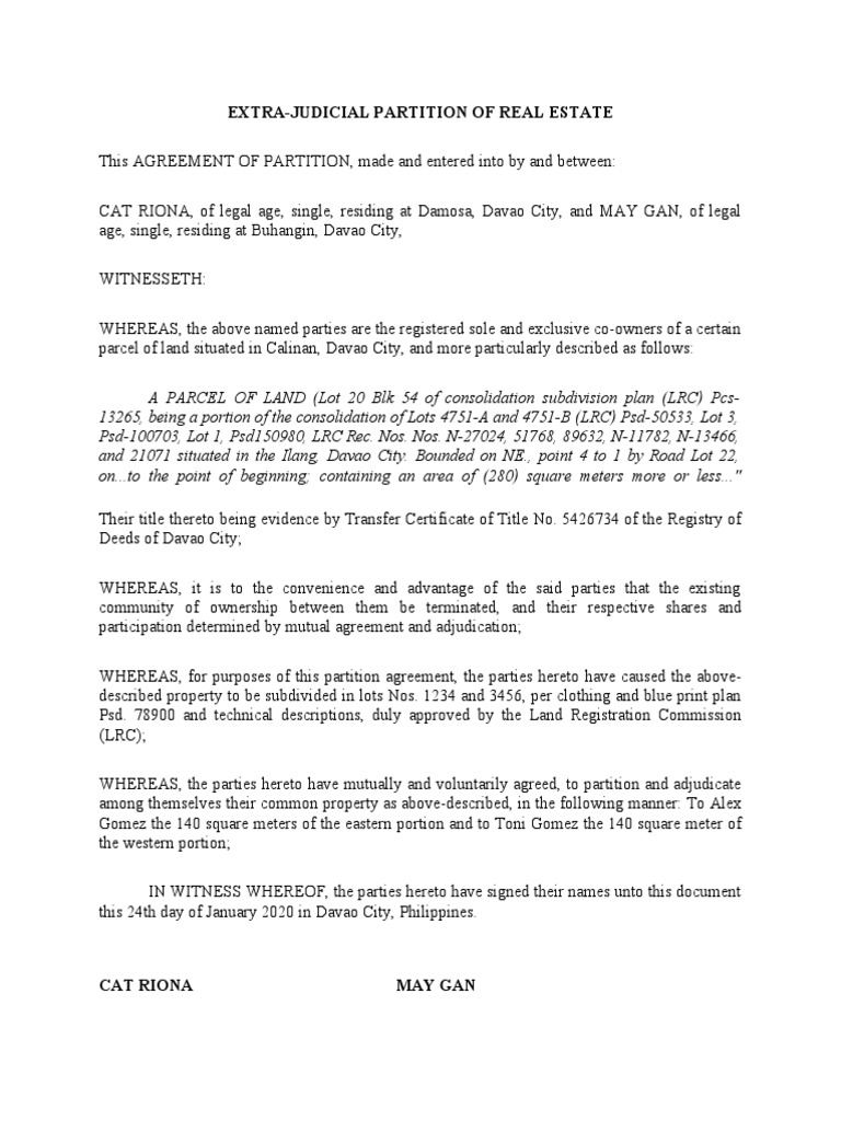 EXTRAJUDICIAL PARTITION Land Lot Property Law