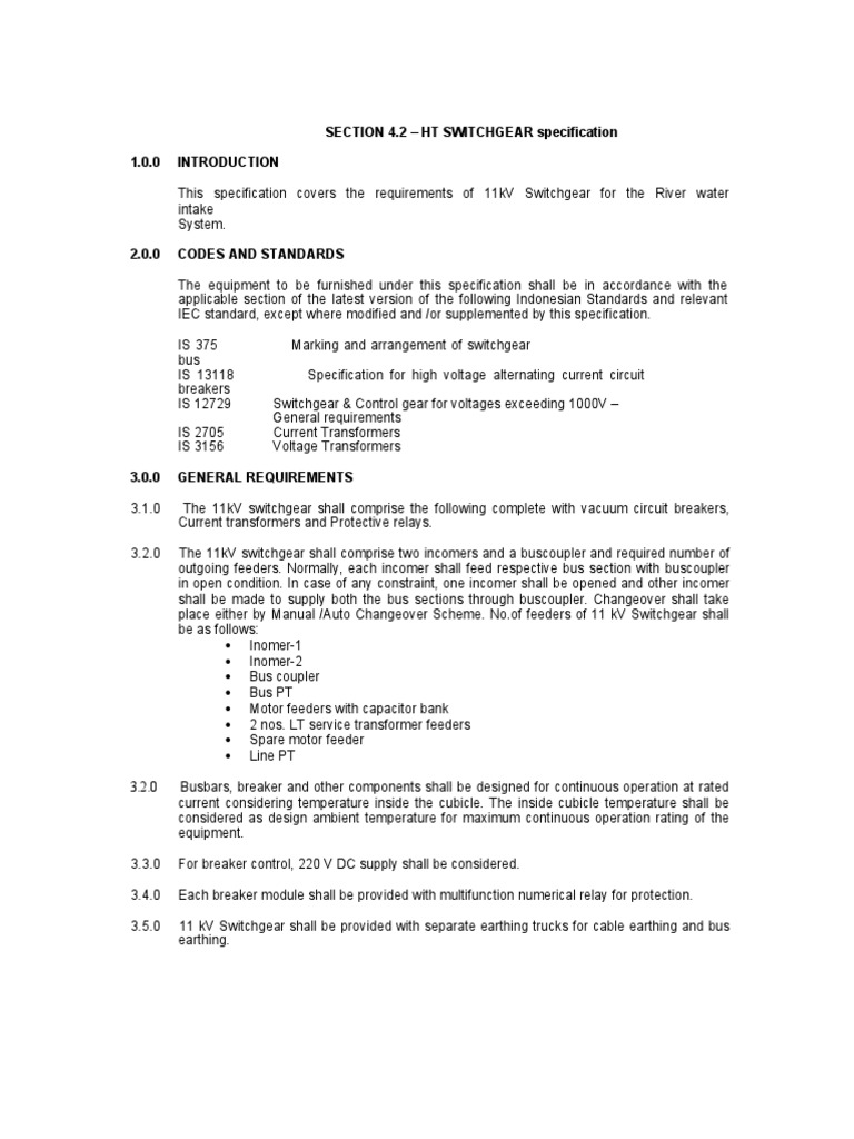 11kV Switchgear Specification Document | PDF | Relay | Electrical Connector