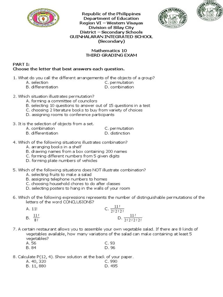 Guinhalaran School Math 10 Exam: 3rd Grading | PDF | Probability ...