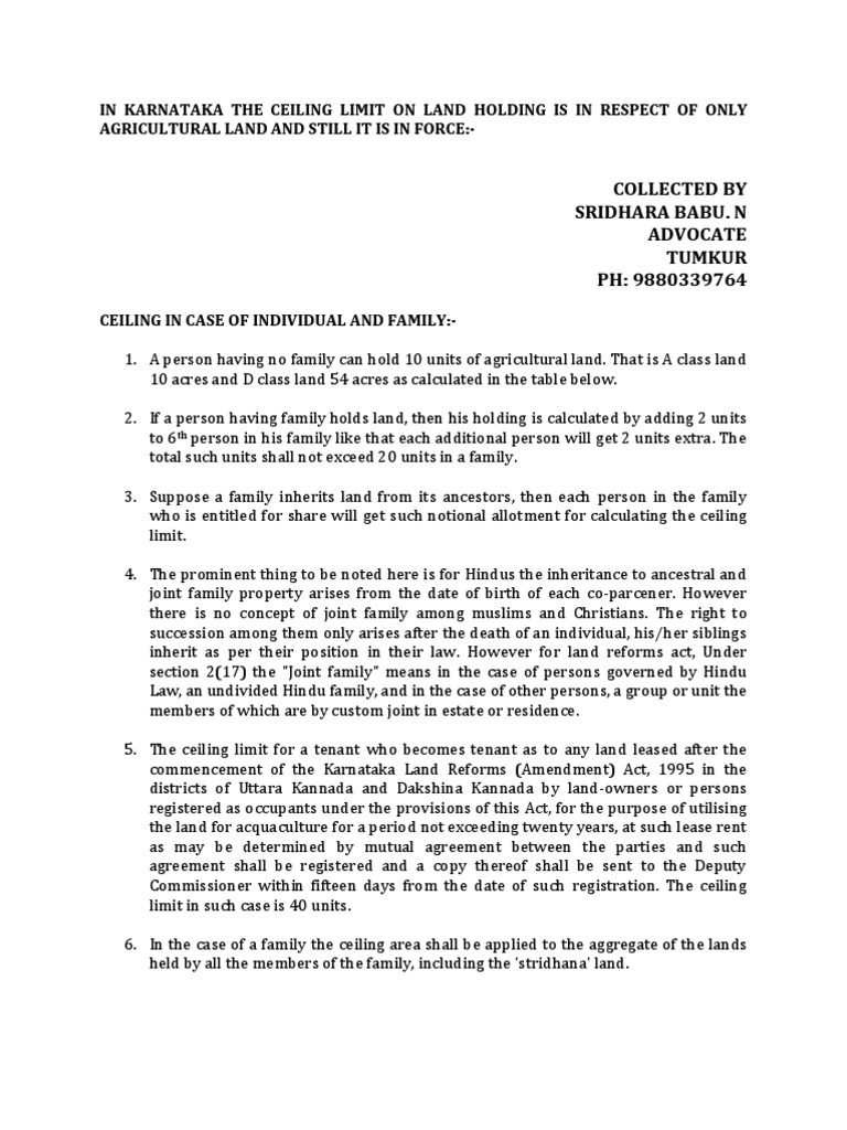 The Ceiling Limit On Agricultural Land Holding in Karnataka PDF