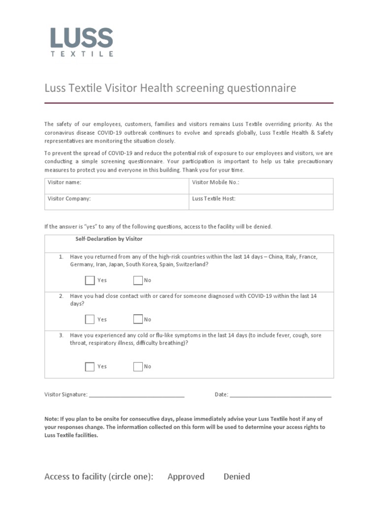 Visitor Health screening questionnaire