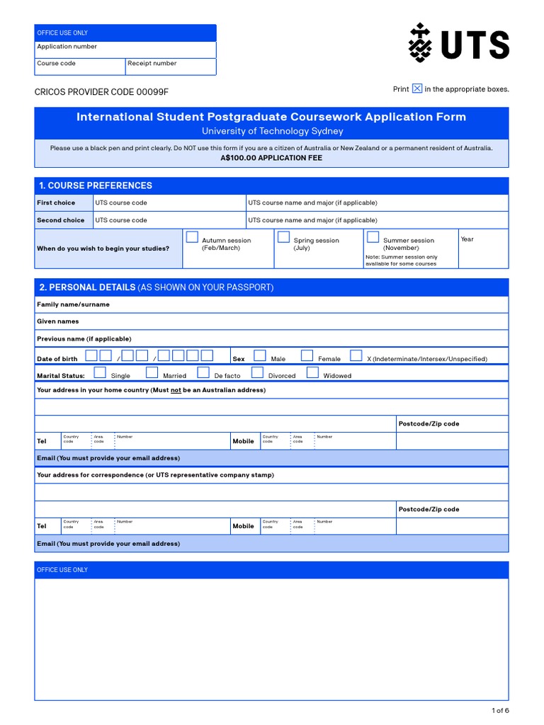 UTS International Students PG Application Form PDF Travel Visa Fee