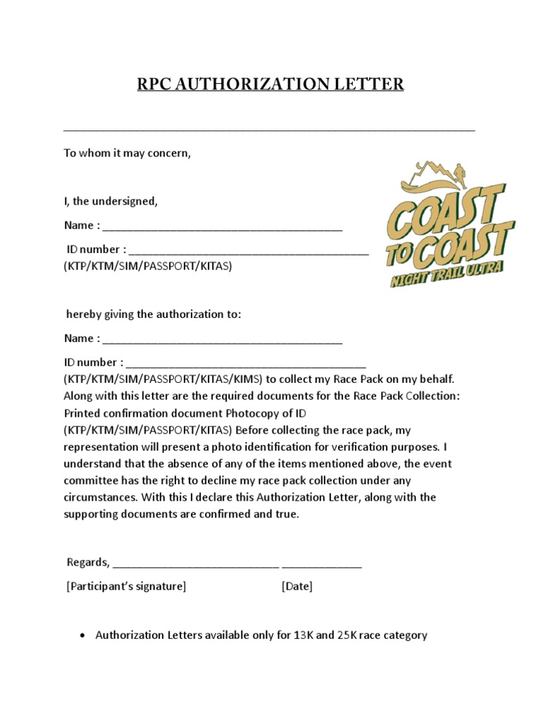 Authorization Letter for Race Pack Collection | PDF