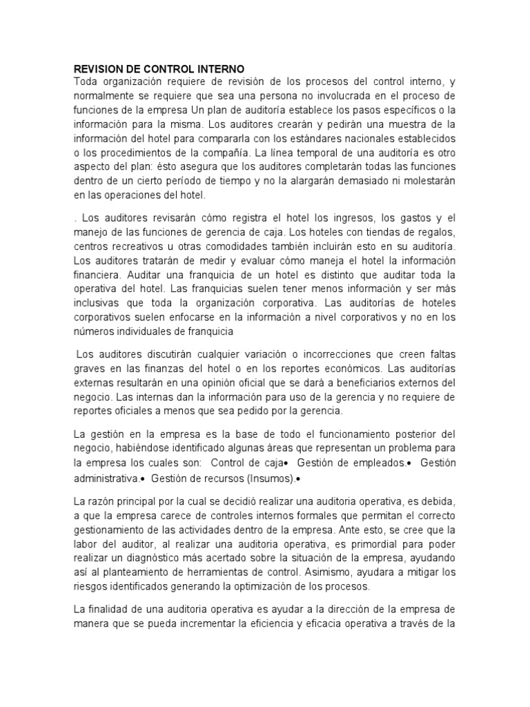 Revision de Control Interno | PDF | Auditoría | Hotel