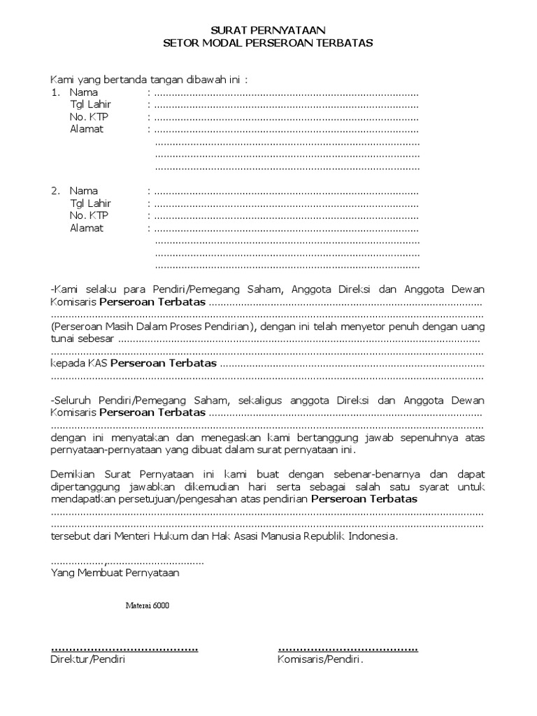 Surat Pernyataan Setor Modal PT | PDF