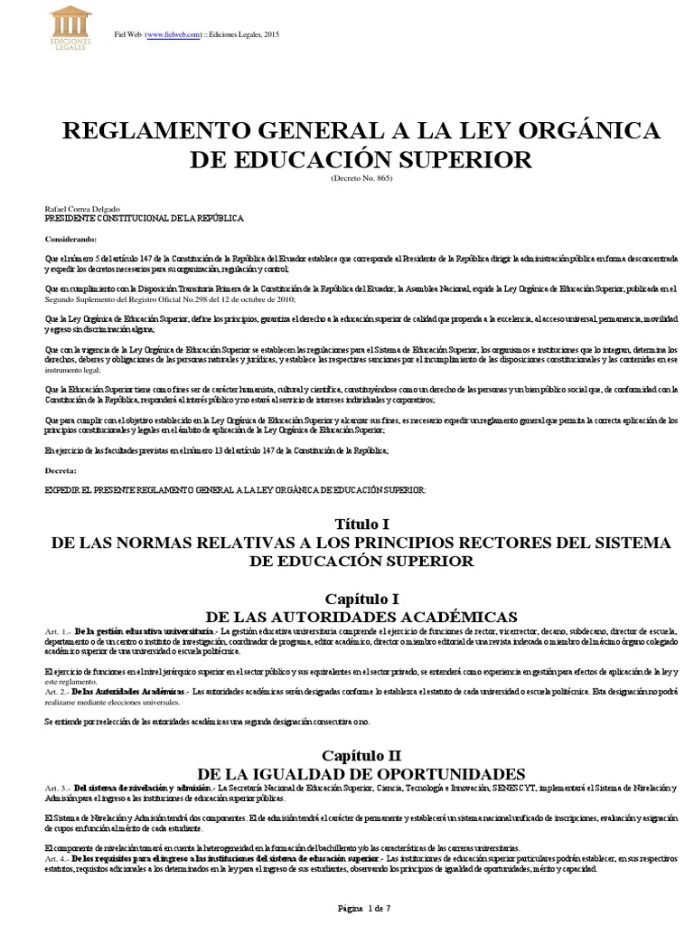 Reglamento General A La Ley Organica de Educacion Superior | PDF ...