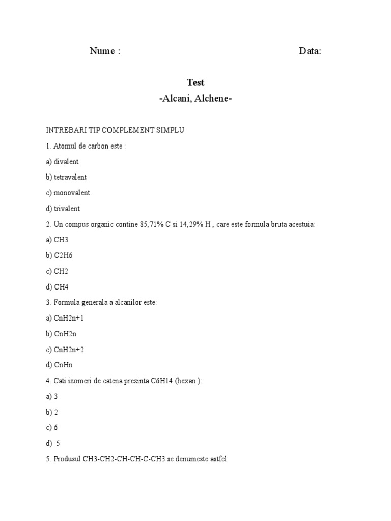 Test Alcani Si Alchene Teorie | PDF