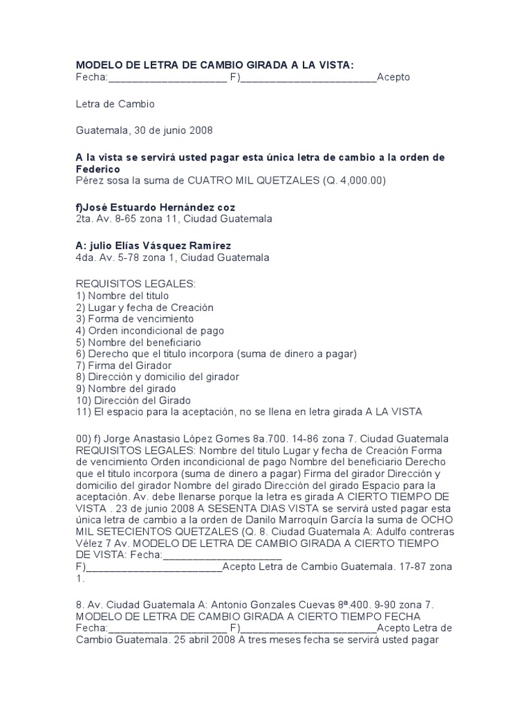 Letra De Cambio Modelo Modelo de Letra de Cambio Girada A La Vista | PDF | Pagaré | Dinero