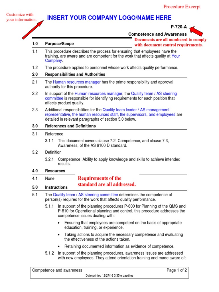 AS9100 Competence and Awareness Procedure | PDF | Competence (Human ...