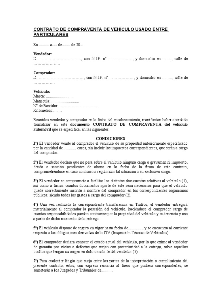 Contrato de Compraventa de Un Vehiculo Usado Entre 