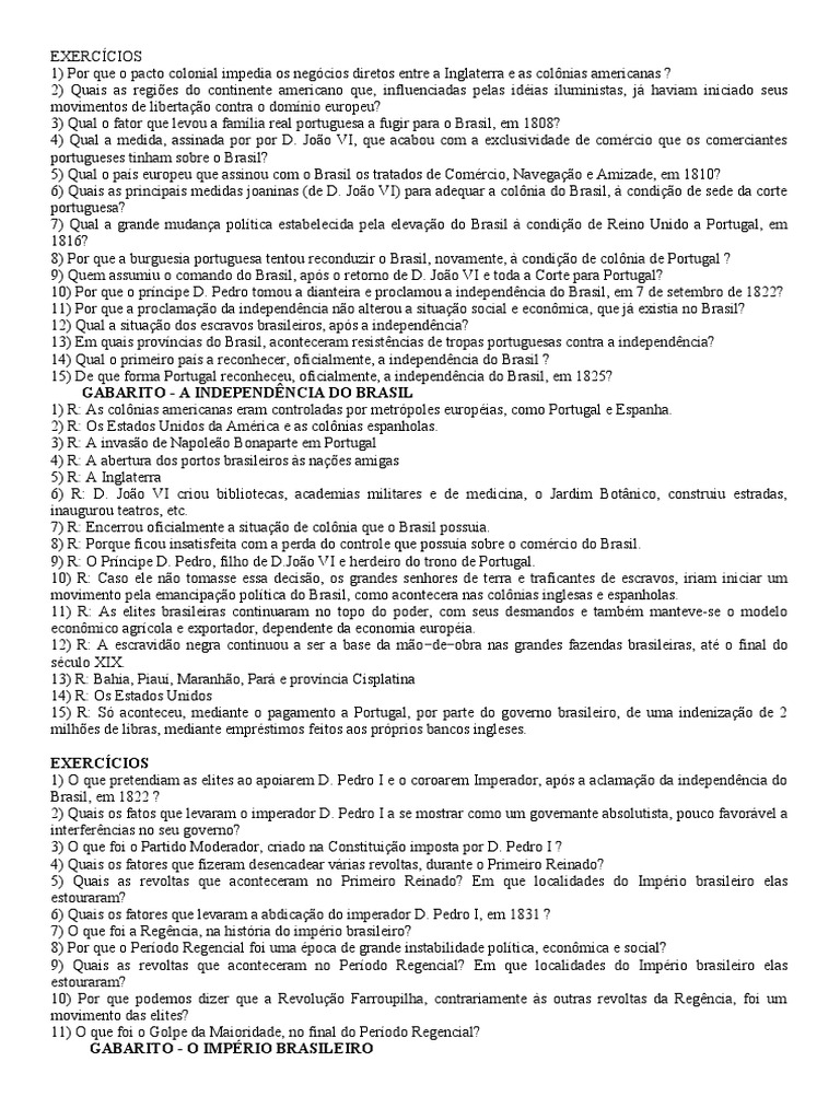 Exercícios sobre a Independência do Brasil | PDF | Brasil | Independência