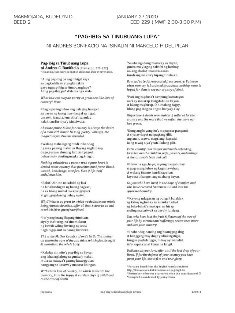 Pag Ibig Sa Tinubuangn Lupa Midterm Filipino | PDF
