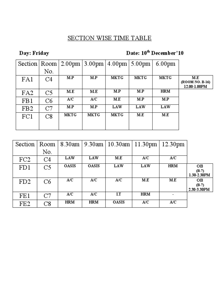 Friday Class Schedule - 10th Dec 2010 | PDF