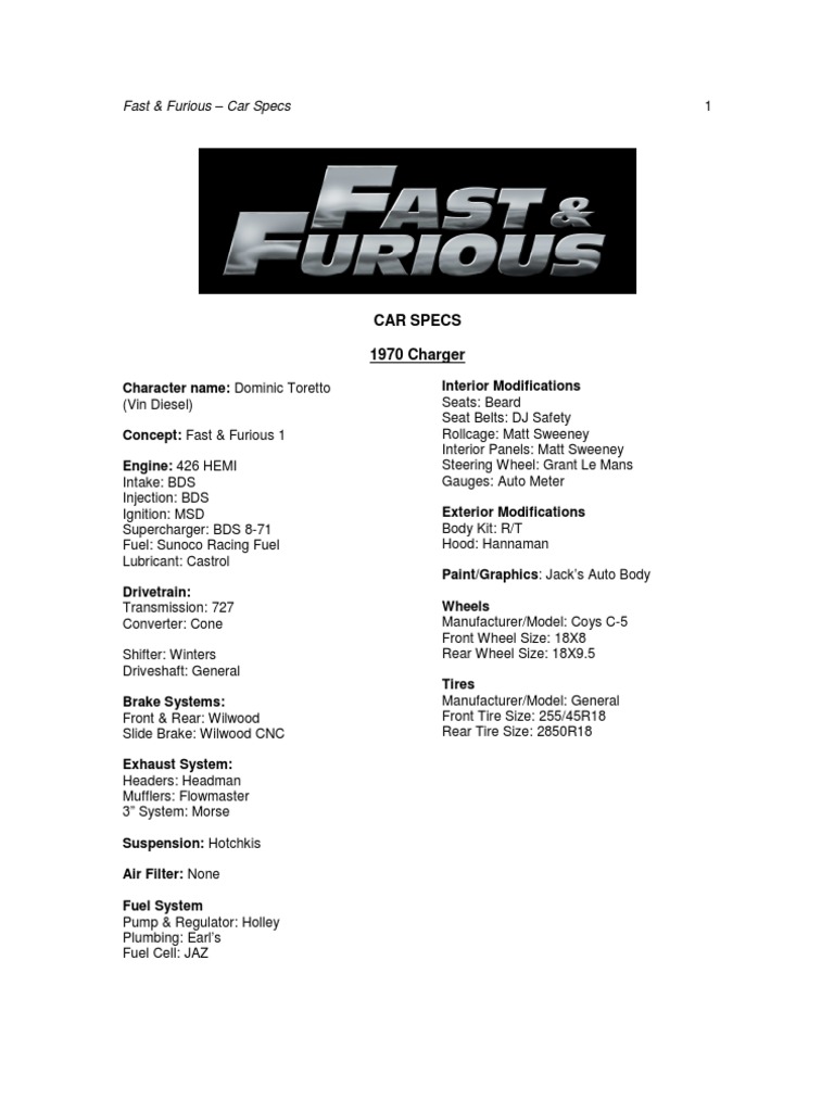 Fast \u0026 Furious Car Specifications List | PDF | Car Body Styles | Vehicle  Technology, image size:768x1024