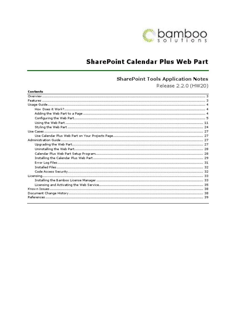Bamboo Calendar Plus Applicatio Notes PDF Share Point Web Server
