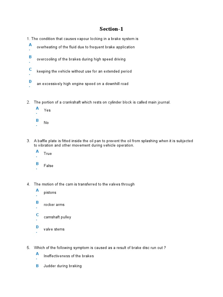 Automobile Quiz Questions PDF Diesel Engine Engines