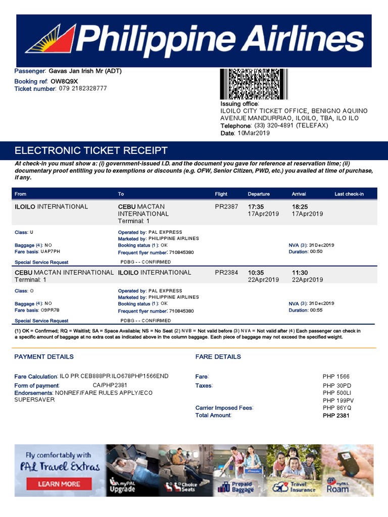 Philippine Airlines E-Ticket Receipt | PDF | Airlines | Baggage
