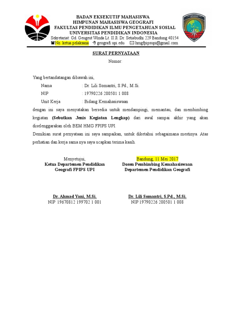 Surat Pernyataan Kesediaan Dosen Pembimbing | PDF