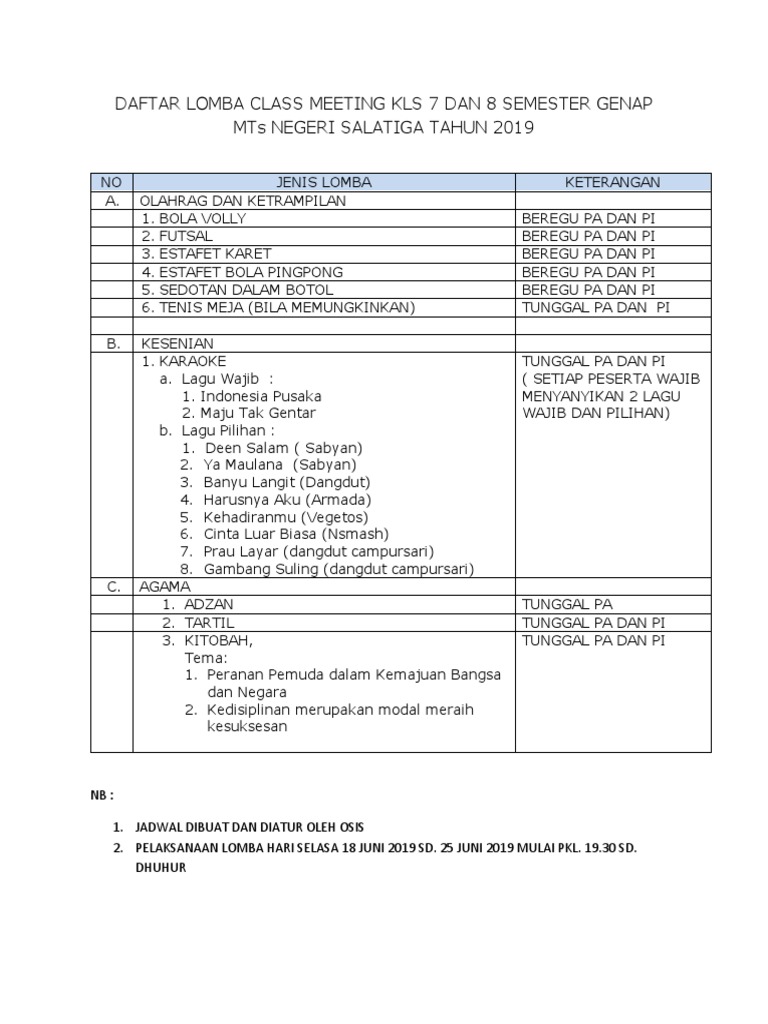 Daftar Lomba Class Meeting KLS 7 Dan 8 Semester Genap | PDF