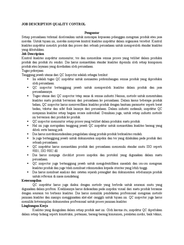 Job Description Quality Control PDF