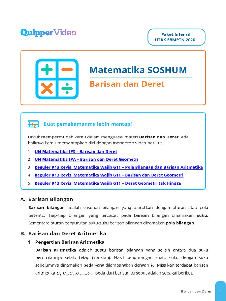 6 Final Draft Lesson Utbk Sbmptn 2020 Matematika Soshum Barisan Dan Deret Pdf