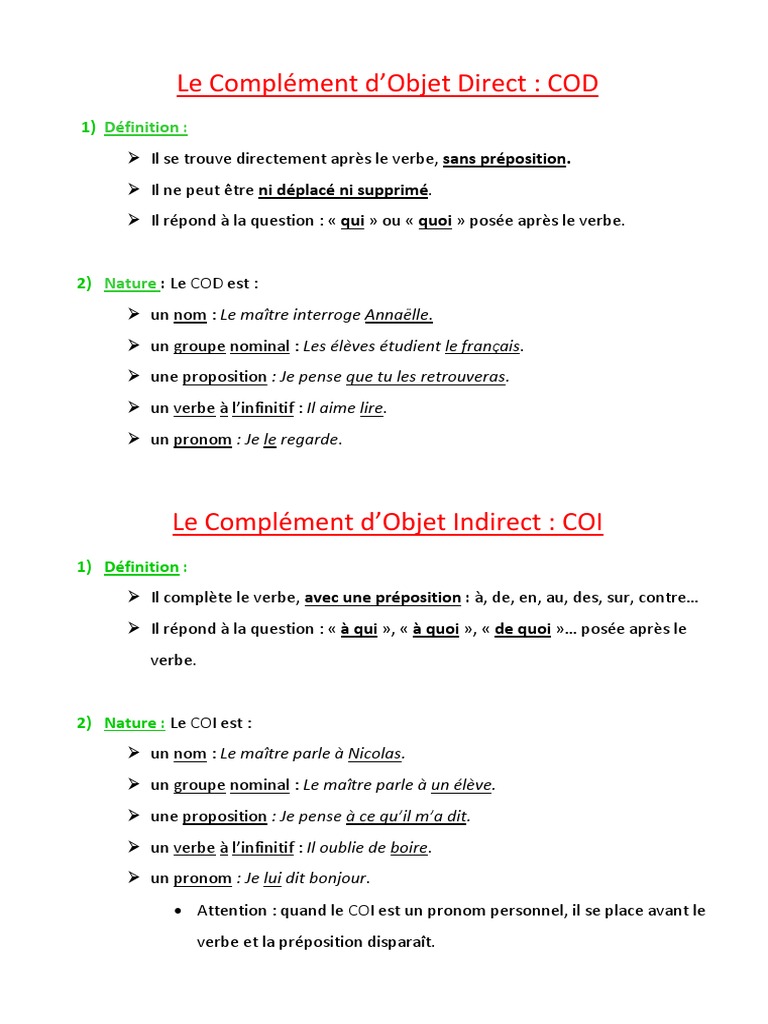 Les Pronoms Personnels Cod Et Coi Exercices Pdf PDF COD COI CC PDF | PDF | Complément d'objet | Clause